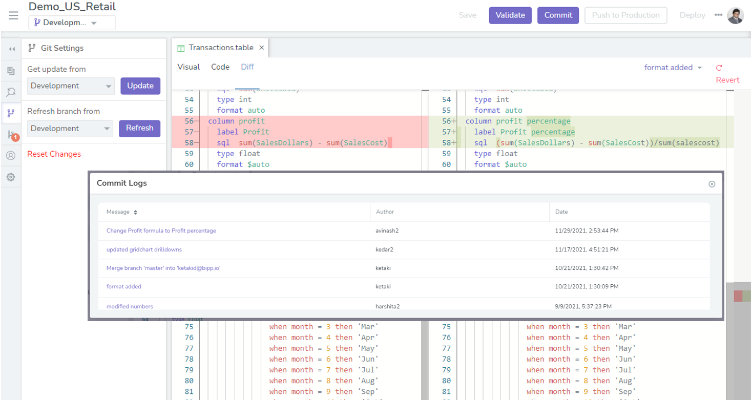 bipp  incorporates modern version control features through Git to record changes and manage file versions. Each bipp project connects to a Git repository, and each developer branch correlates to a Git branch (which encapsulates changes)